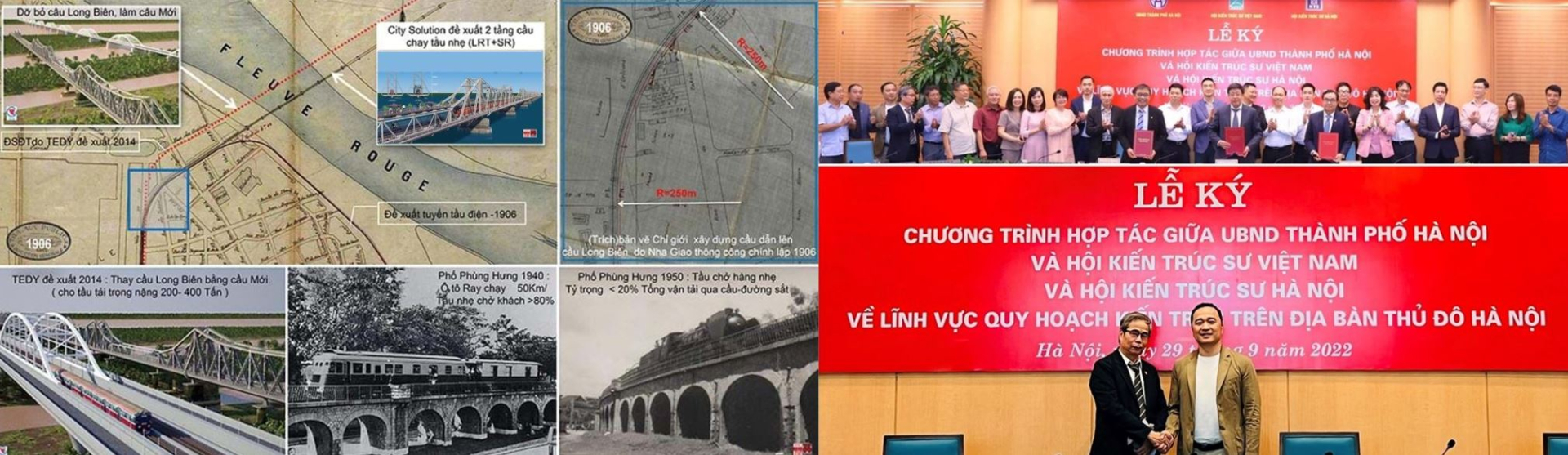 Minh họa bài báo liên quan đến cầu Long Biên và lễ ký kết hợp tác giữa UBND TP với Hội KTS VN và Hội KTS Hà Nội (năm 2022).